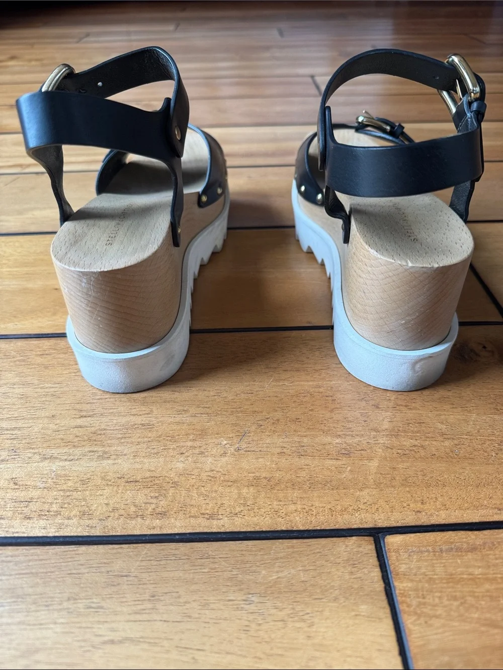 Stella McCartney Black Leather Platform Sandals with Gold Hardware